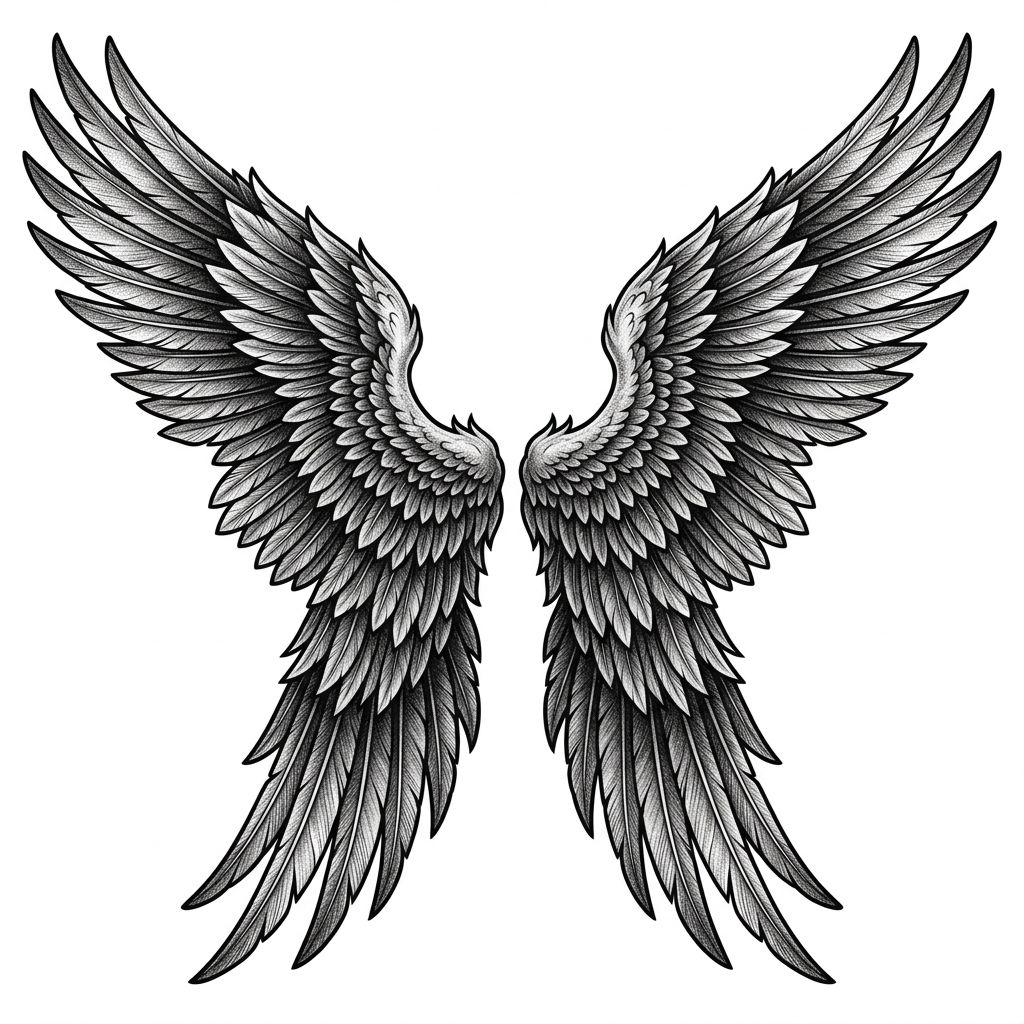 angel tattoo wings alone across the back, design on white background