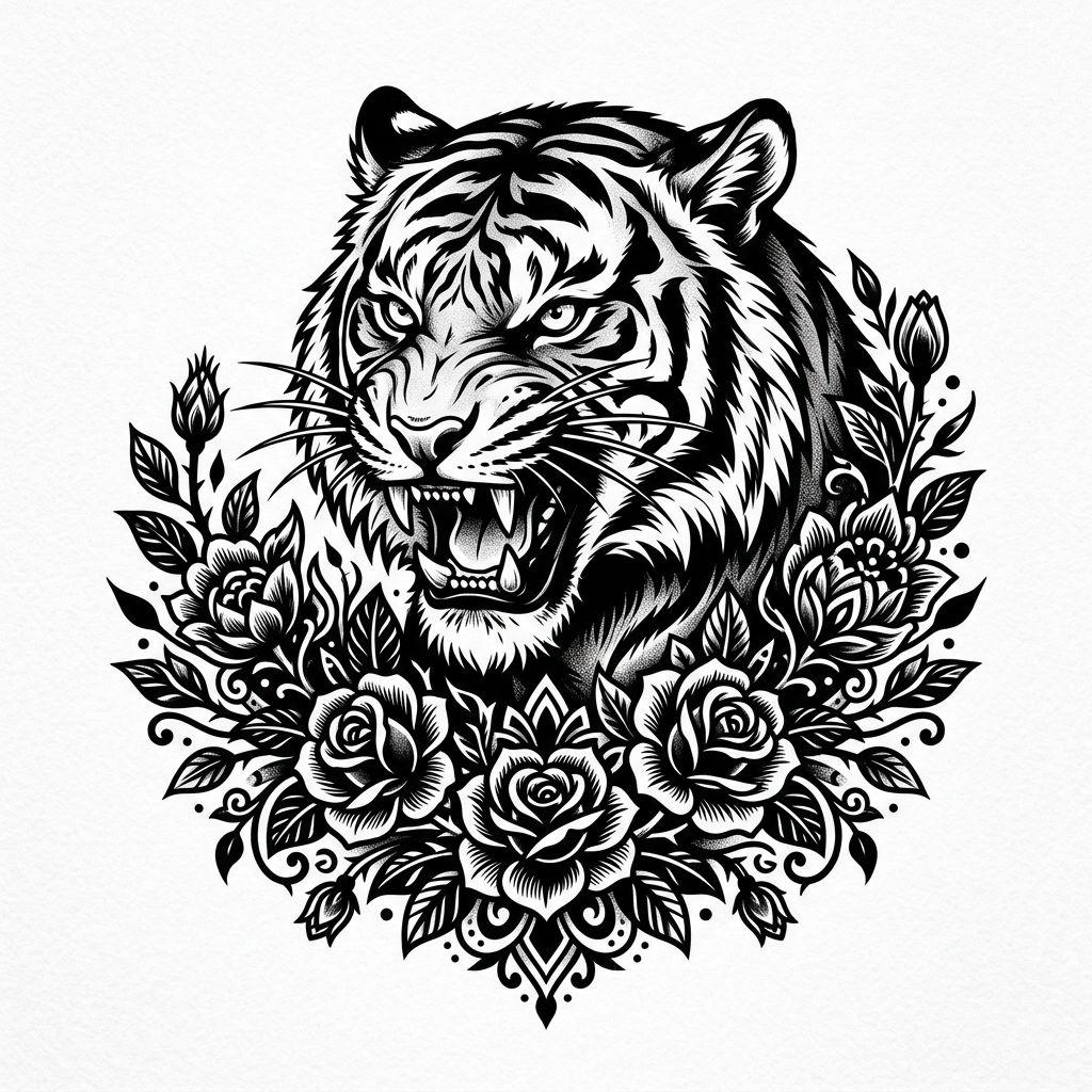 flower-tattoo tiger among flowers