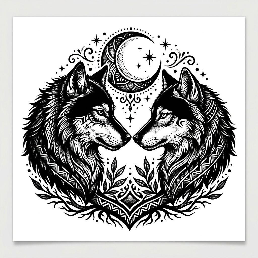 idée tatouage couple loup et louve blackwork