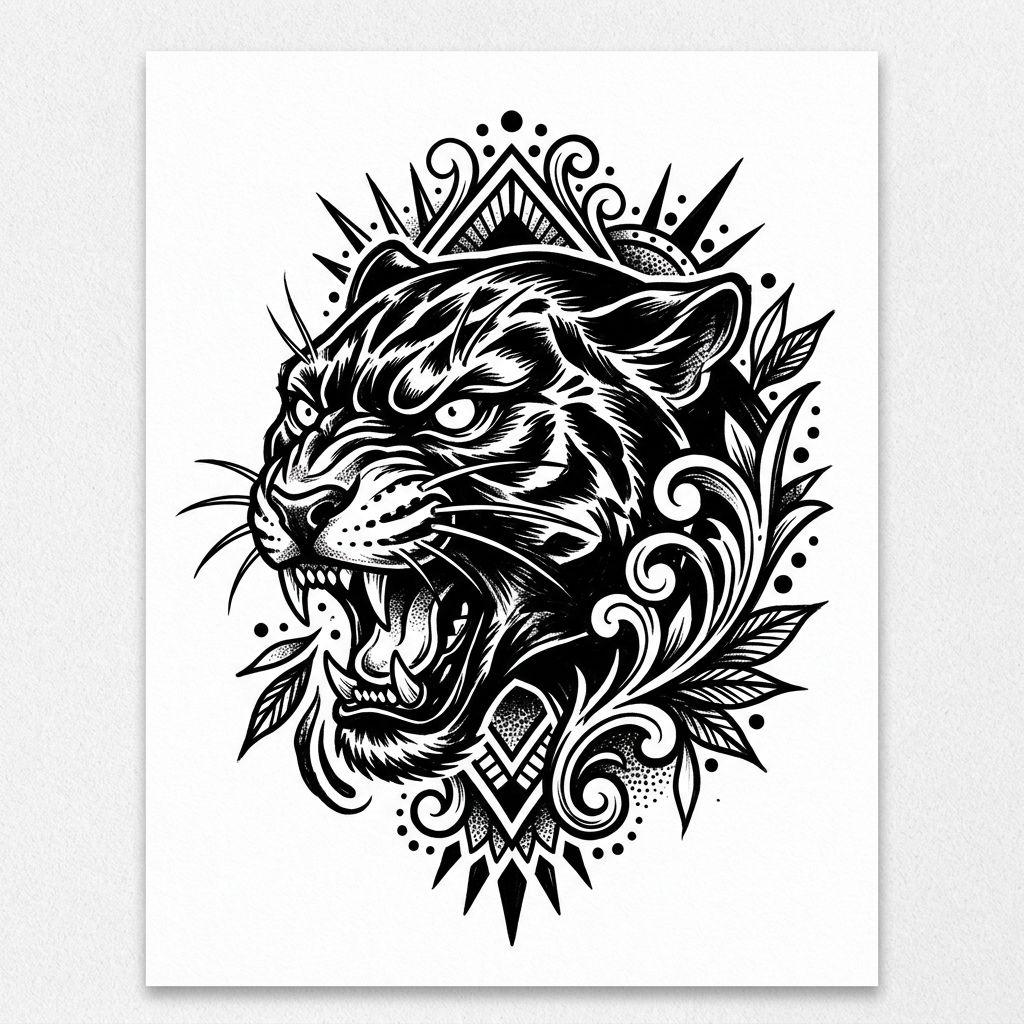 thigh-tattoo blackwork panther
