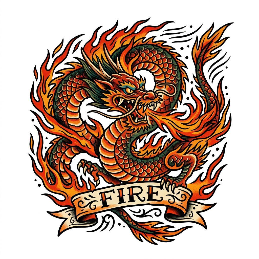 dragon-tattoo flaming old-school dragon