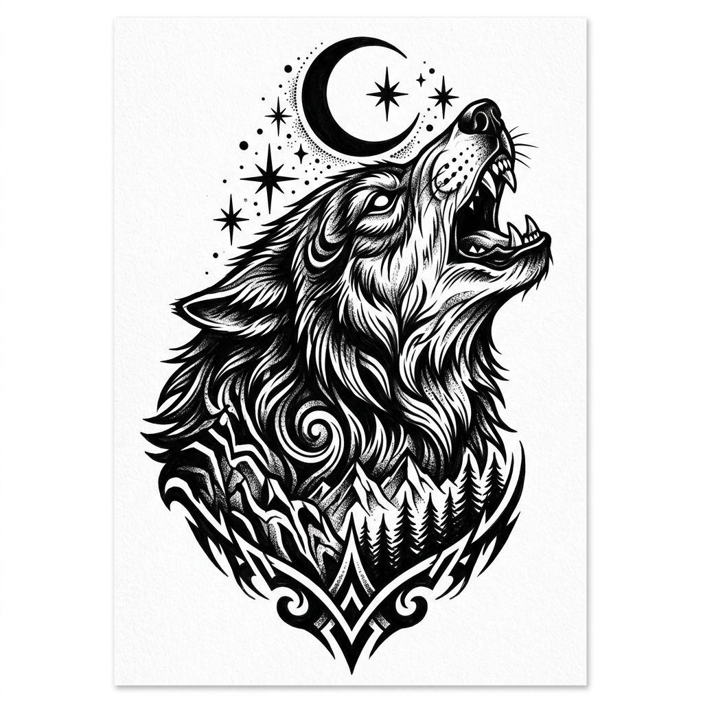 shoulder-tattoo howling wolf blackwork