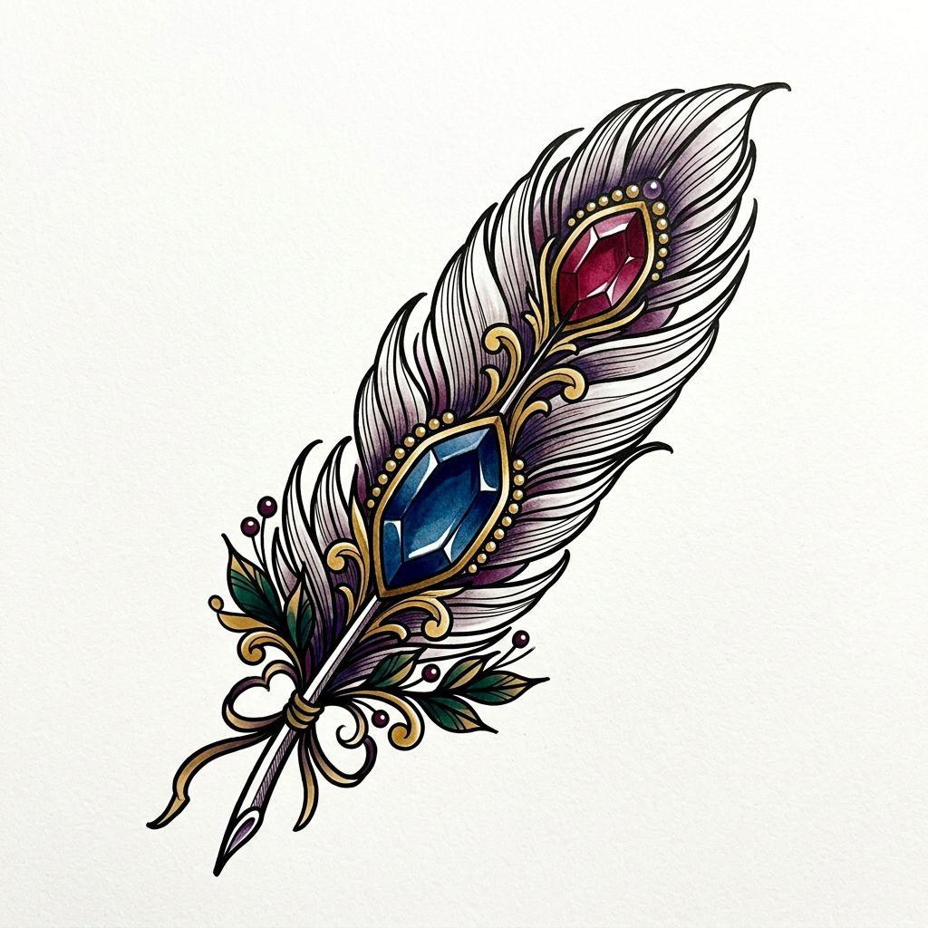 feather-tattoo colorful neo-traditional feather
