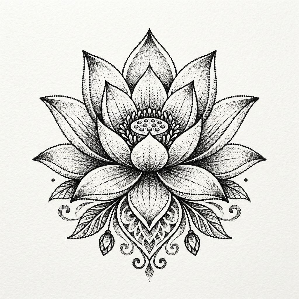 lotus flower tattoo dotwork stippling lotus, design on white background