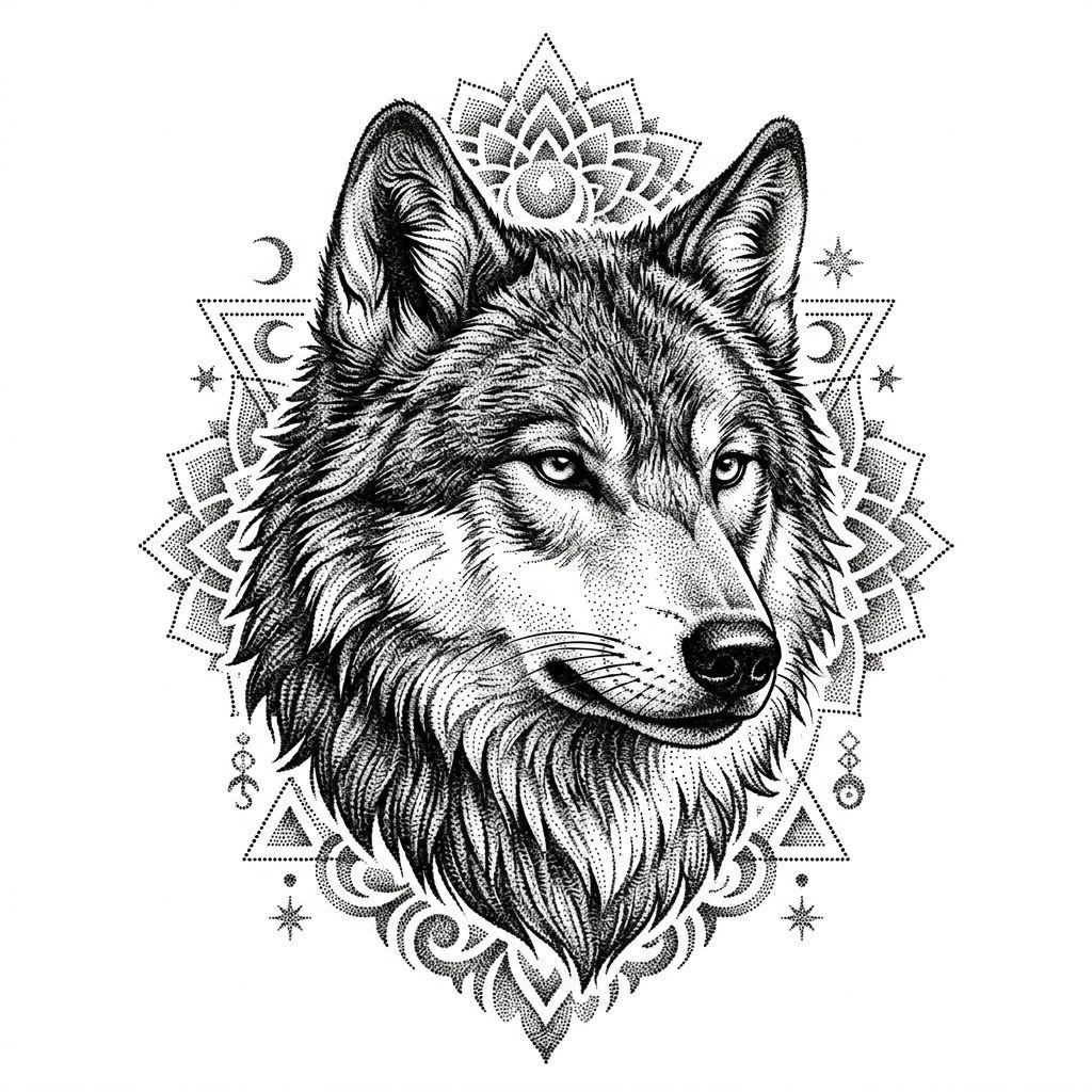 men-tattoo dotwork wolf