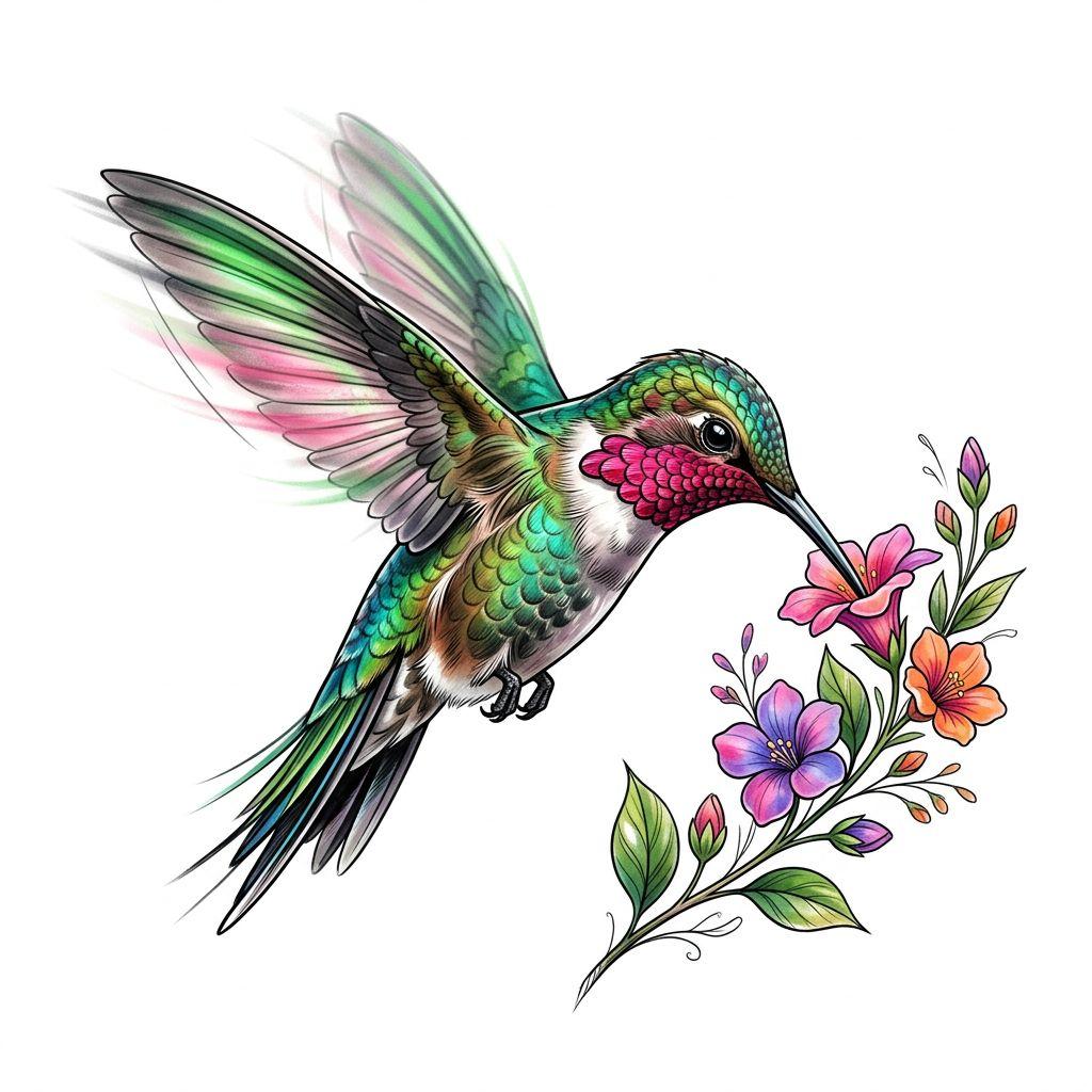 hummingbird tattoo realistic color hummingbird, design on white background