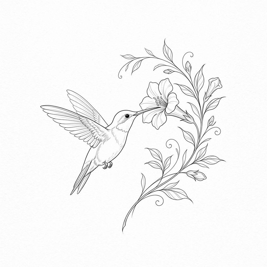 hummingbird tattoo hummingbird and flower in fine line, design on white background