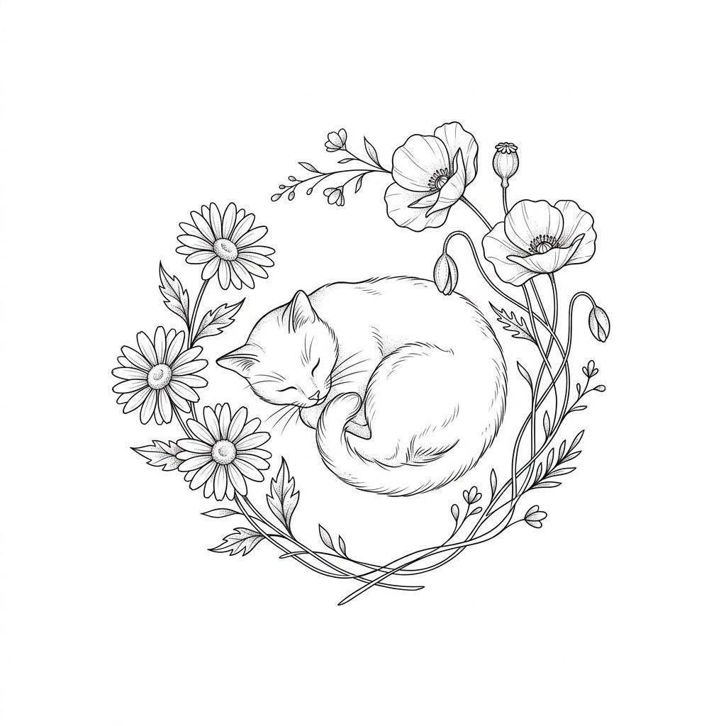 cat-tattoo cat in a sea of flowers