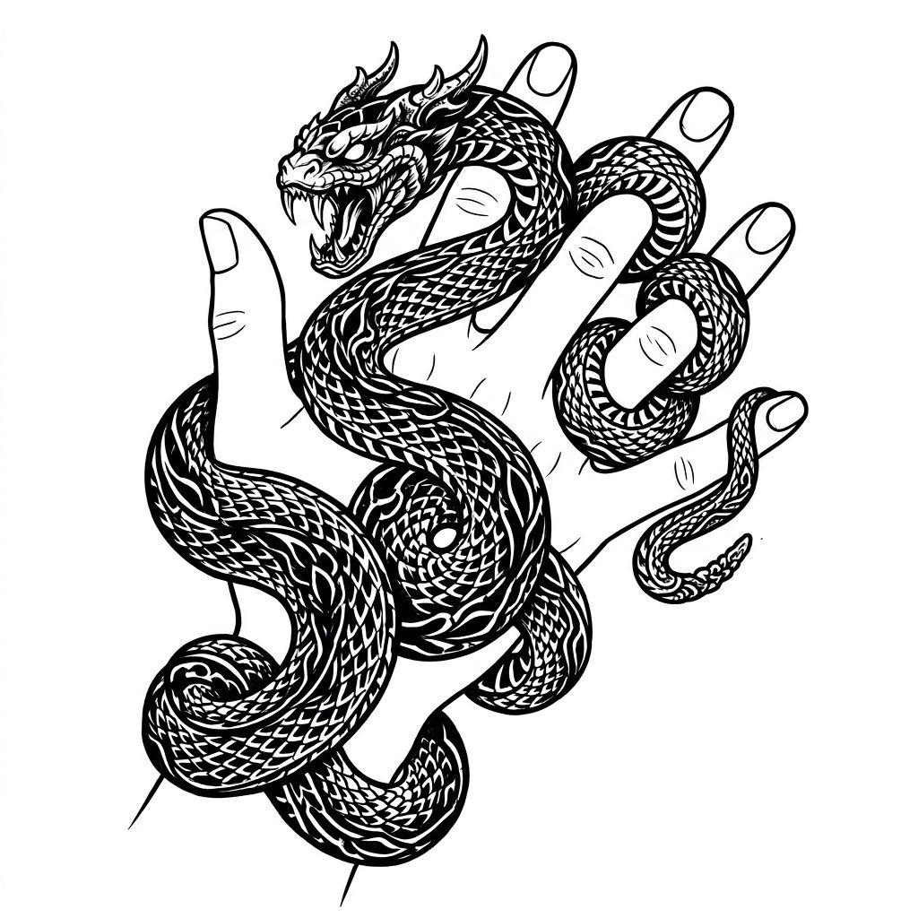 hand-tattoo blackwork snake hand