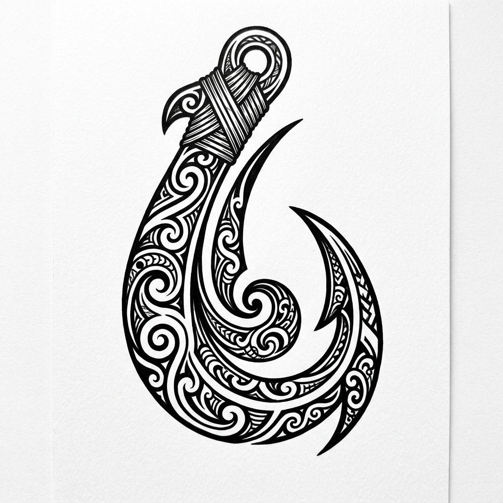 maori tattoo stylized hei matau (fish hook), design on white background