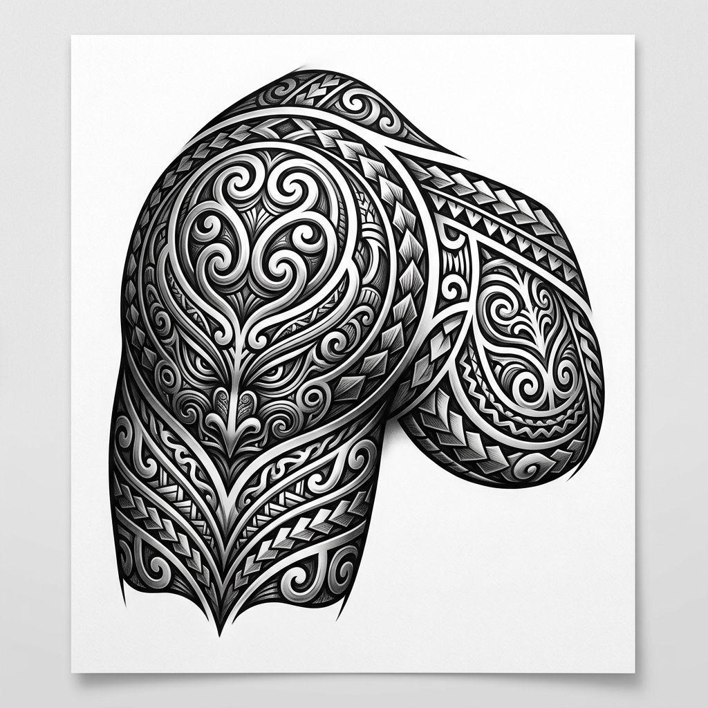maori tattoo 3d neo-polynesian shoulder piece, design on white background