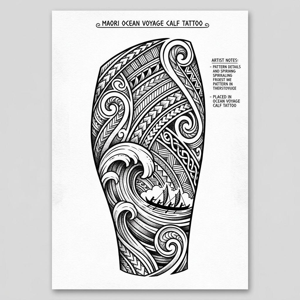 maori tattoo waves and spirals on the calf, design on white background
