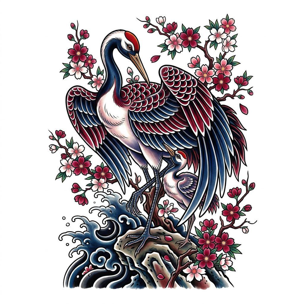 mother and son-tattoo japanese cranes