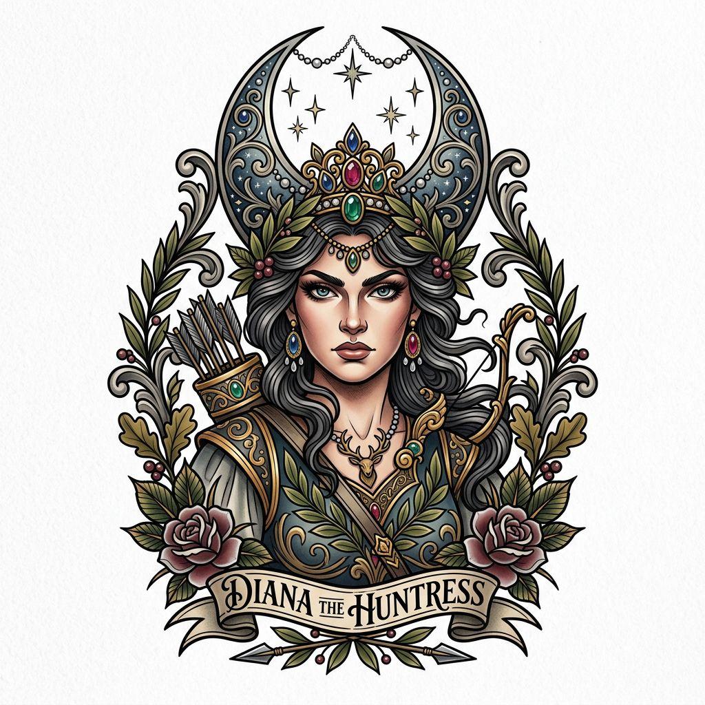 moon-tattoo neo-traditional diana the huntress
