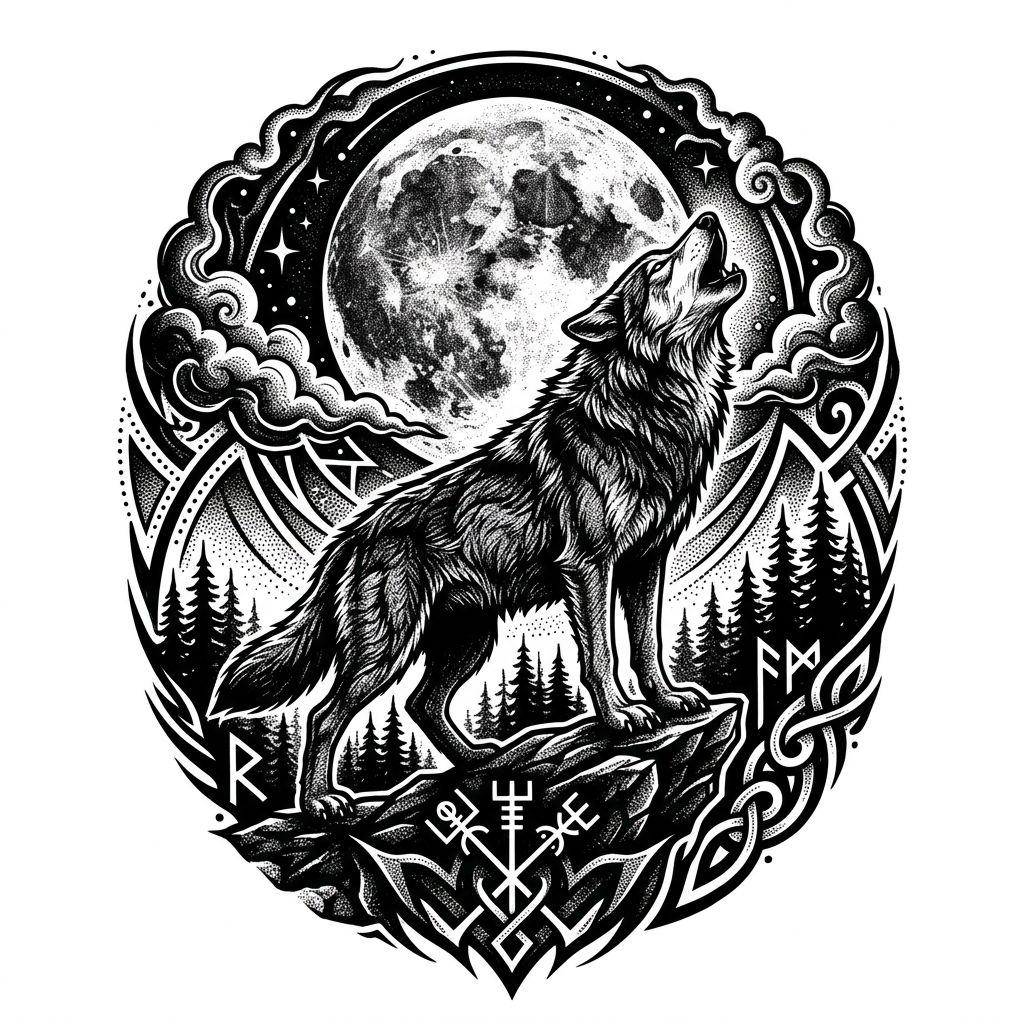 moon-tattoo blackwork howling wolf at the moon