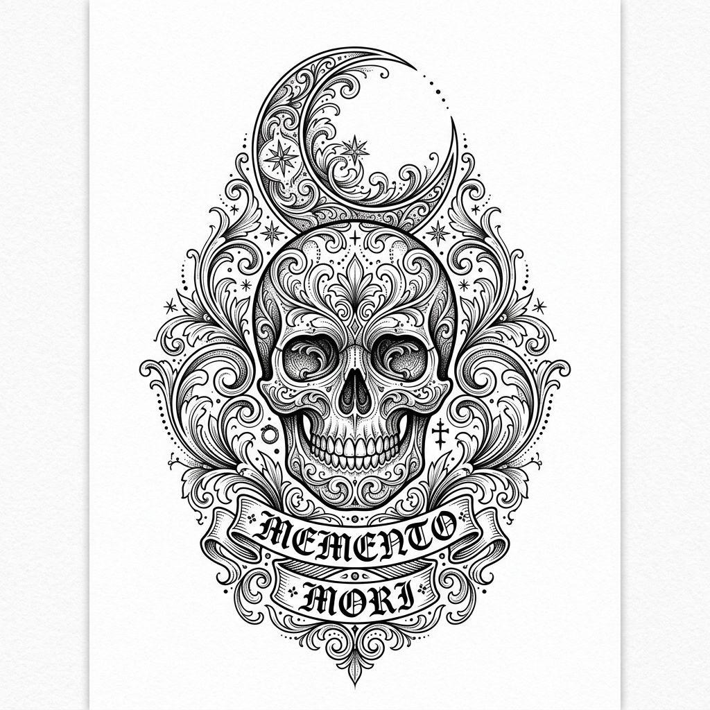 moon-tattoo ornamental skull beneath the moon