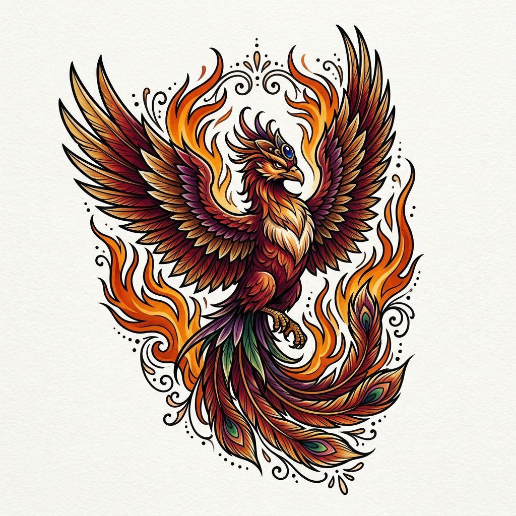 phoenix-tattoo neo-traditional phoenix in flames