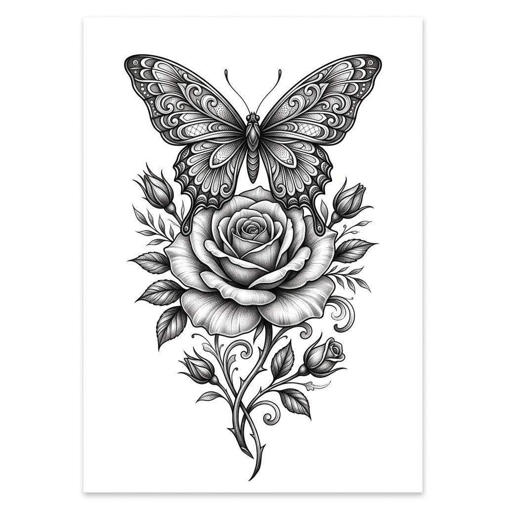 rose-tattoo rose and butterfly