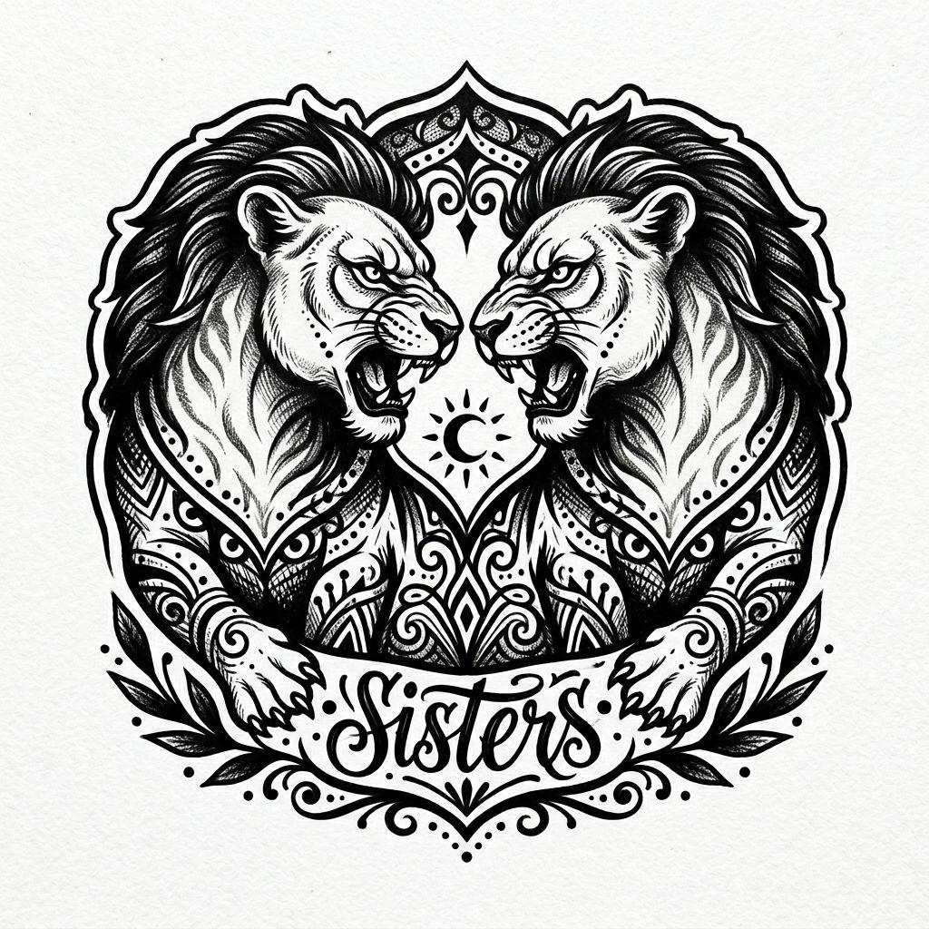 sister-tattoo lionesses, sister blackwork