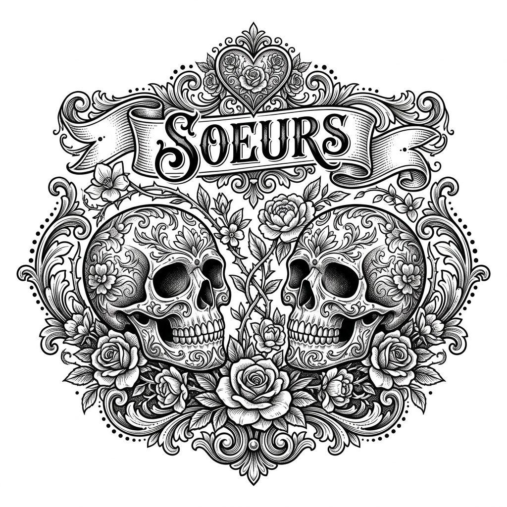 sister-tattoo skulls and roses, ornamental
