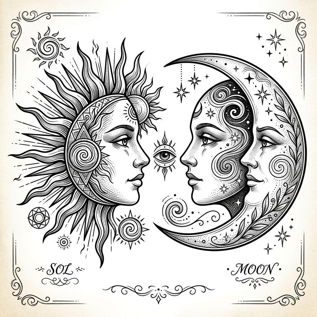 sun and moon tattoo solar and lunar profiles, design on white background