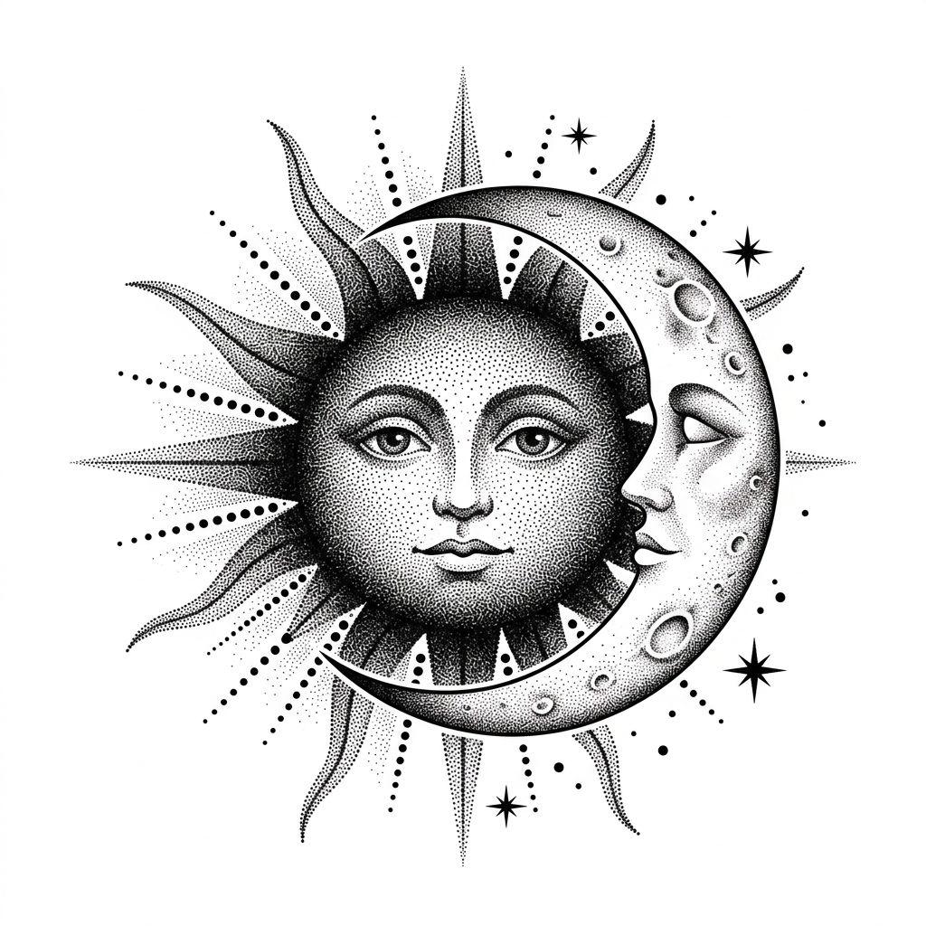 sun and moon tattoo celestial dotwork gradient, design on white background