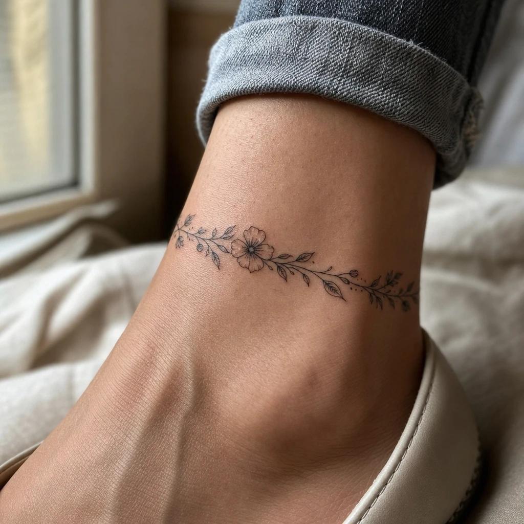 women's ankle tattoo floral ankle bracelet, realistic photo on skin