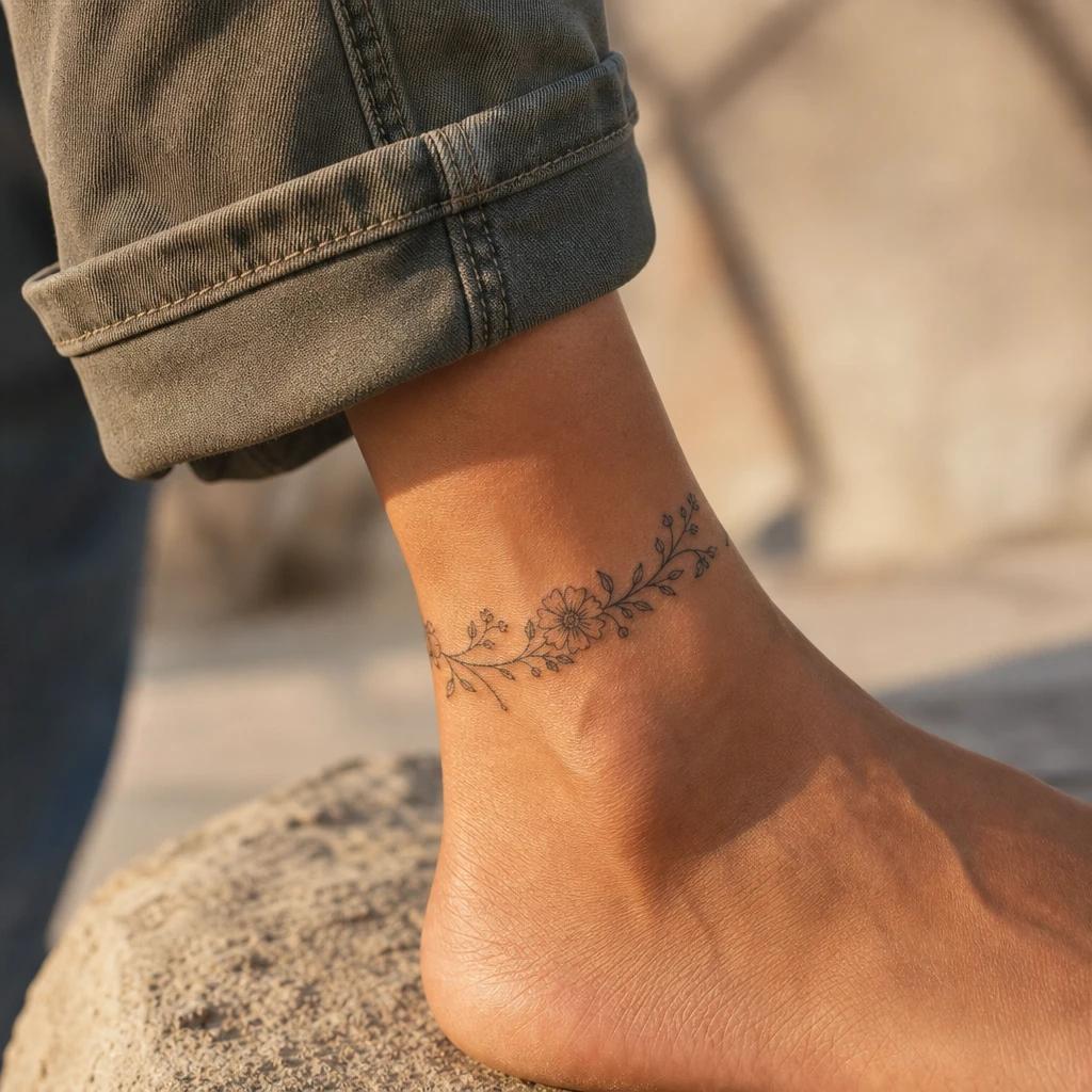 women's ankle tattoo floral ankle bracelet, realistic photo on skin