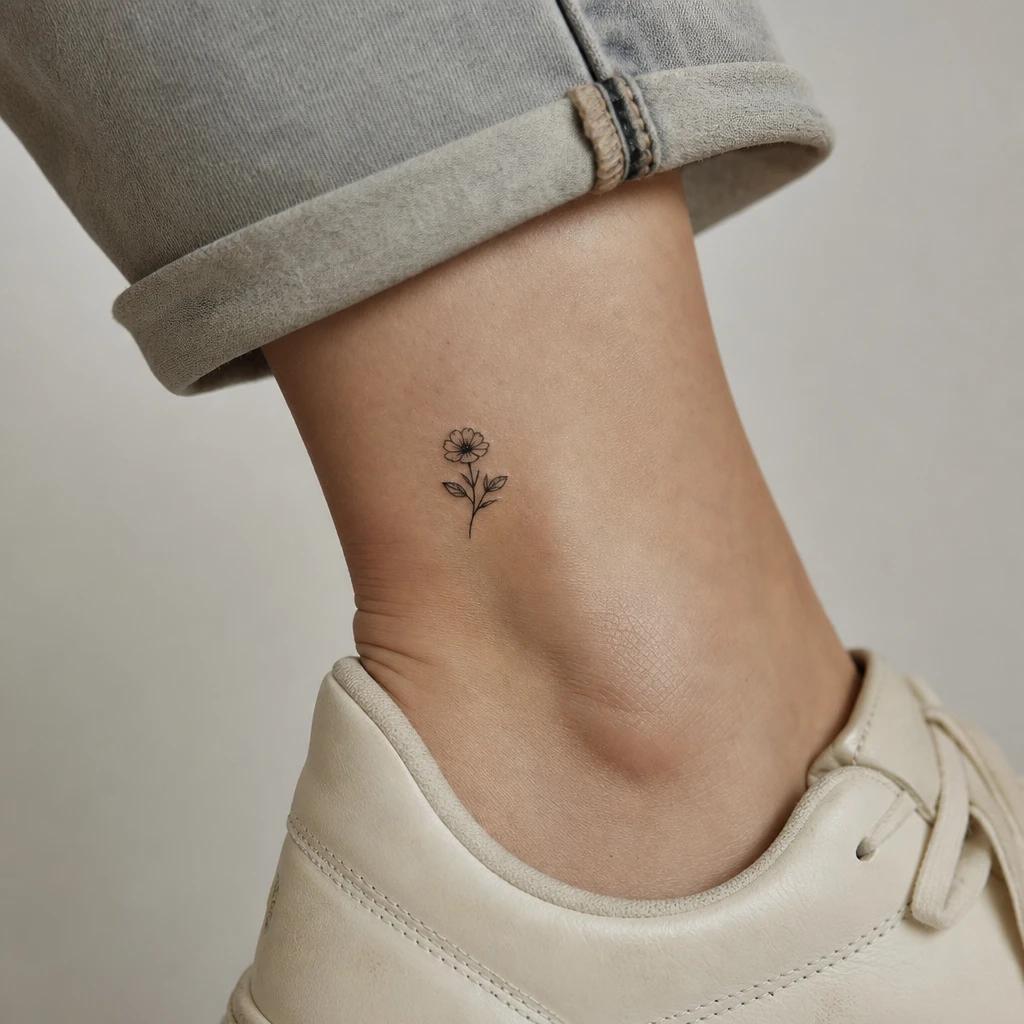 women's ankle tattoo small ankle flower, realistic photo on skin