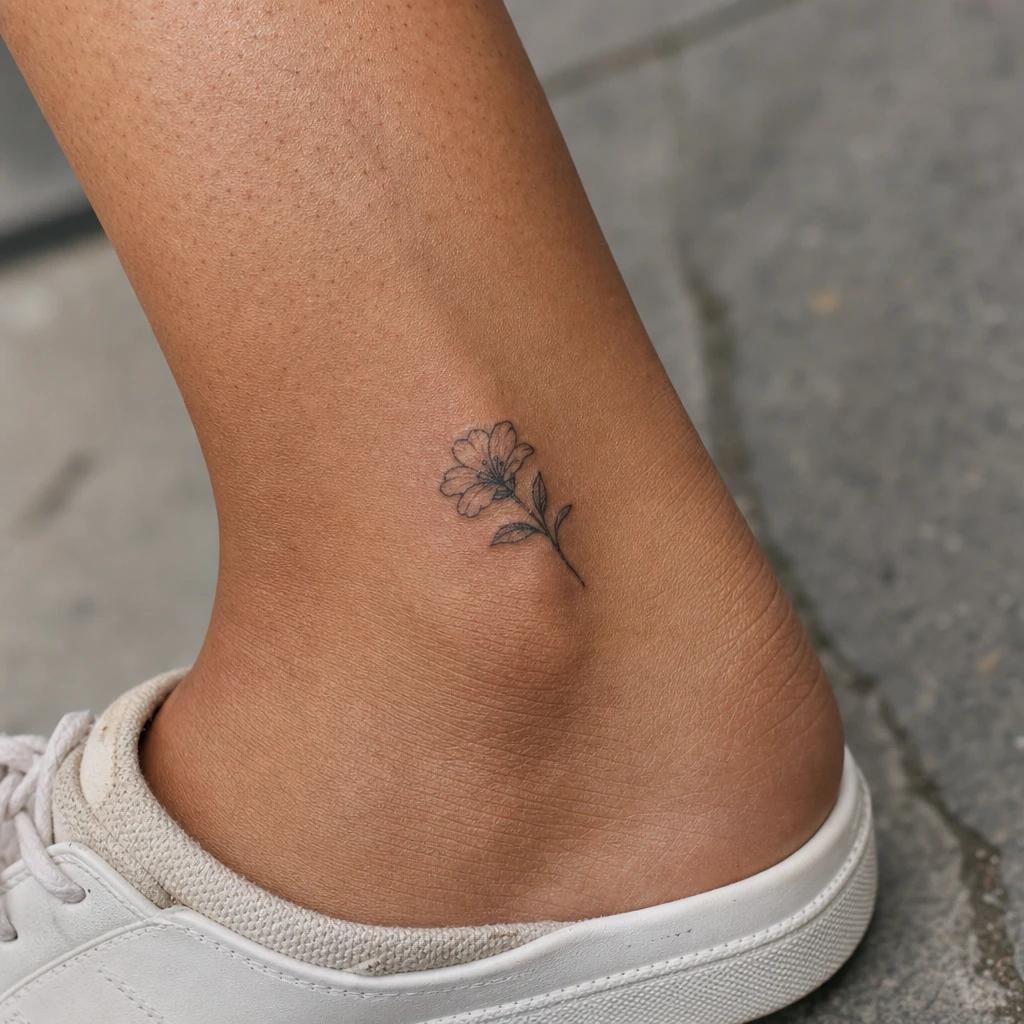 women's ankle tattoo small ankle flower, realistic photo on skin