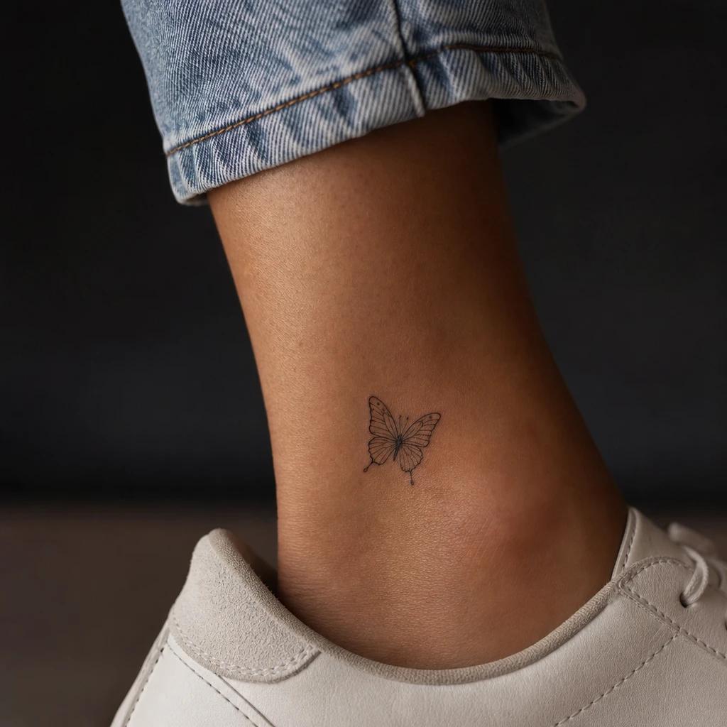 women's ankle tattoo fine line butterfly, realistic photo on skin