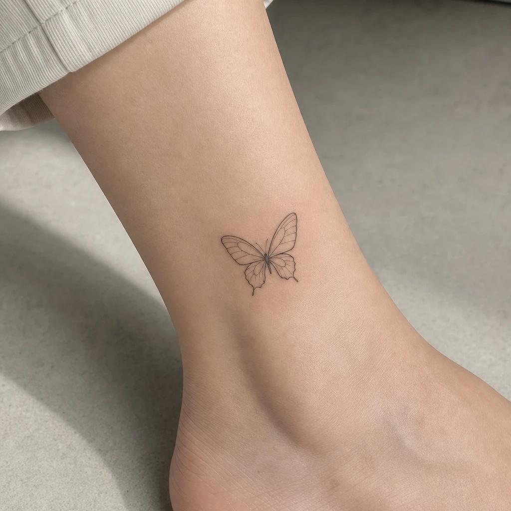 women's ankle tattoo fine line butterfly, realistic photo on skin