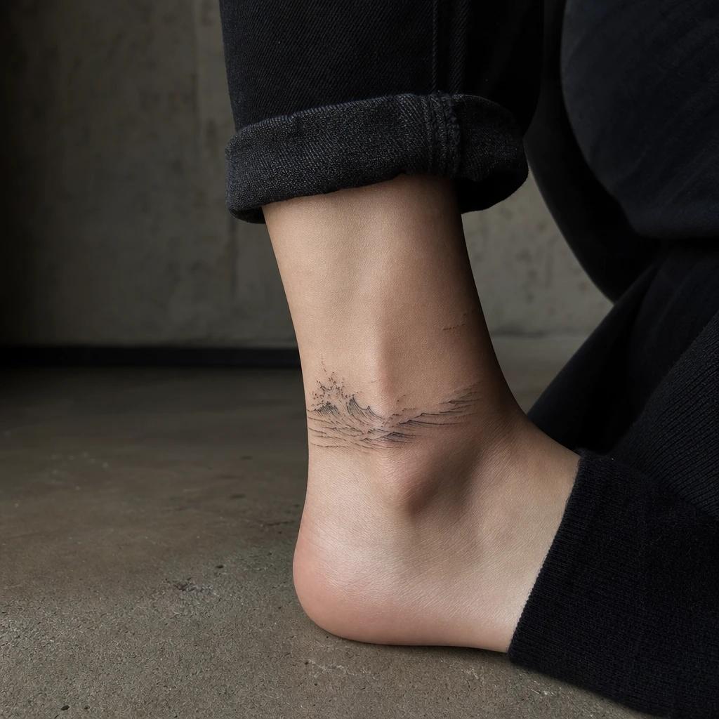 women's ankle tattoo ocean wave, realistic photo on skin
