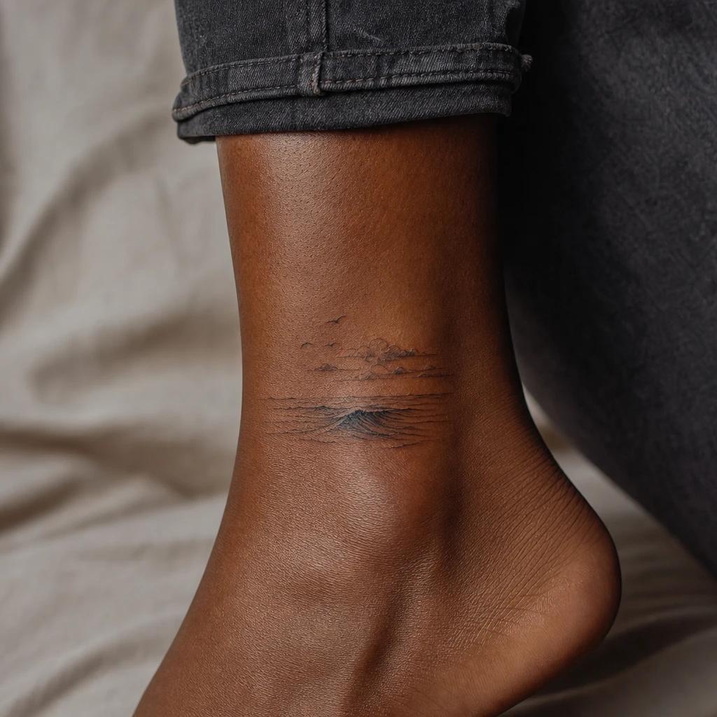 women's ankle tattoo ocean wave, realistic photo on skin