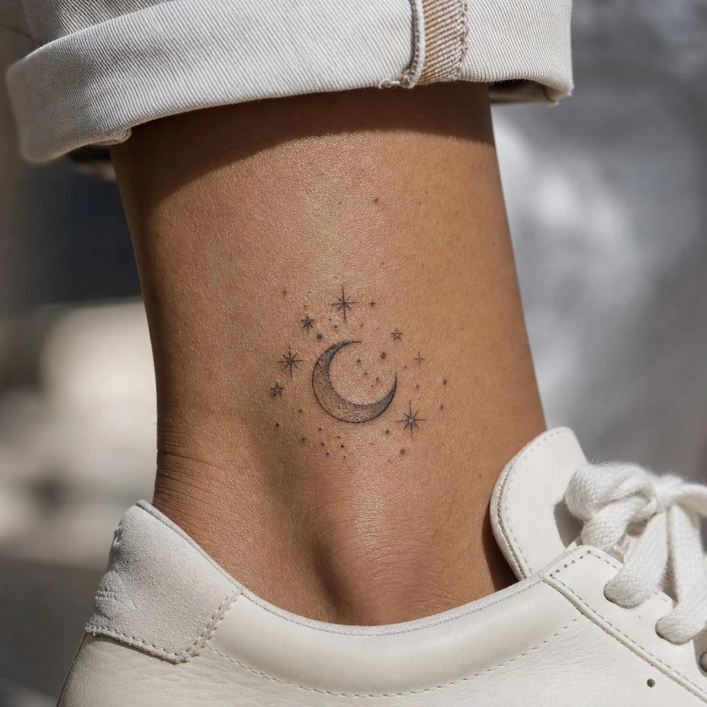 women's ankle tattoo moon and stars, realistic photo on skin