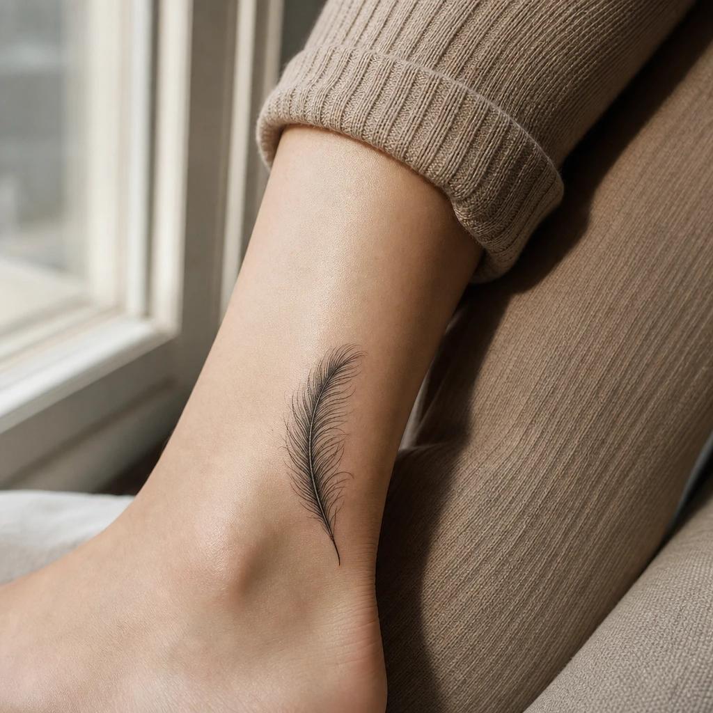 women's ankle tattoo delicate feather, realistic photo on skin