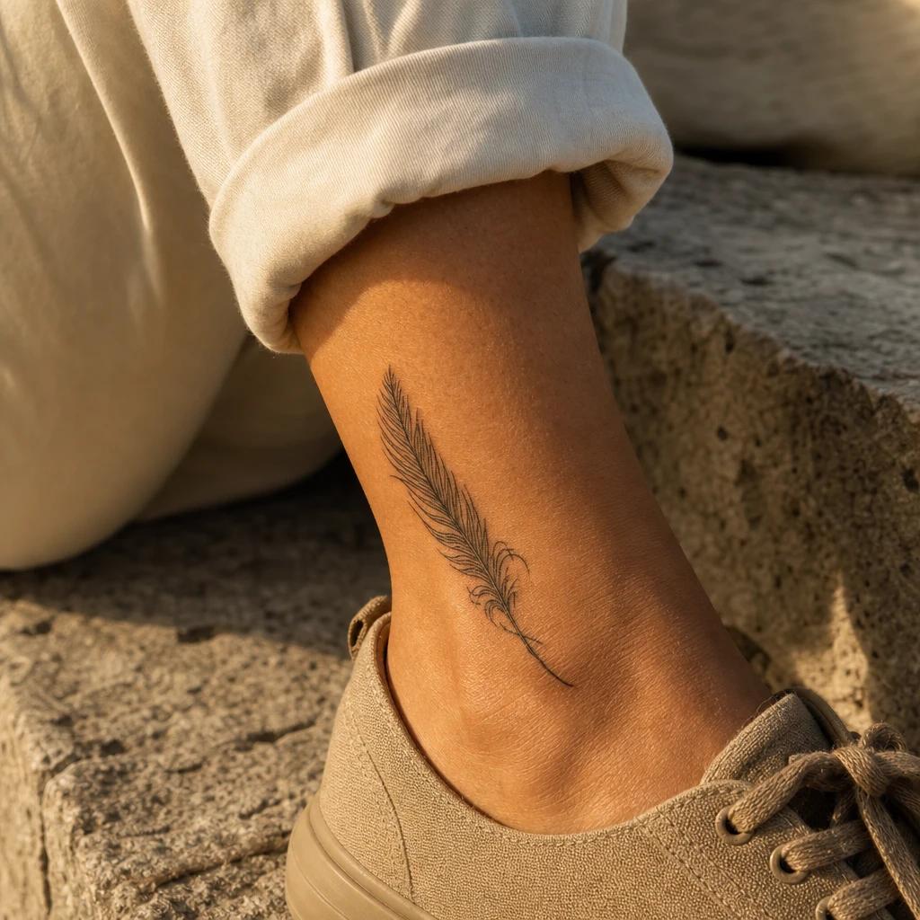women's ankle tattoo delicate feather, realistic photo on skin