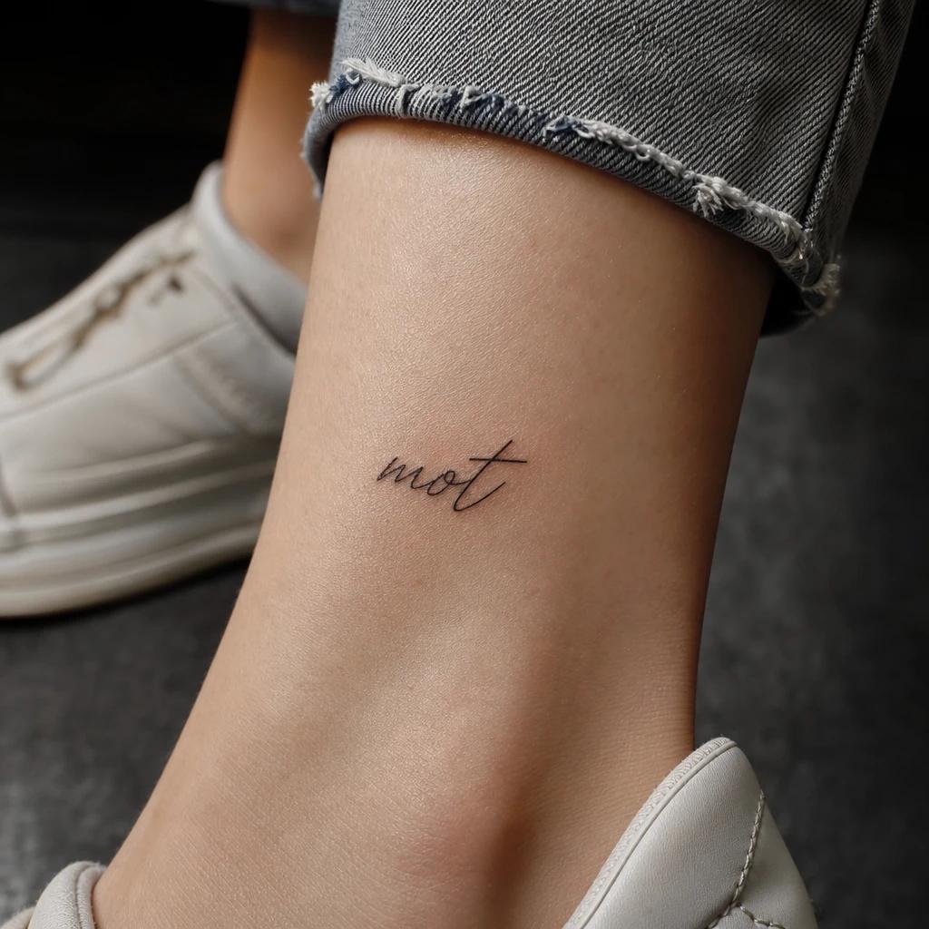 women's ankle tattoo handwritten word, realistic photo on skin