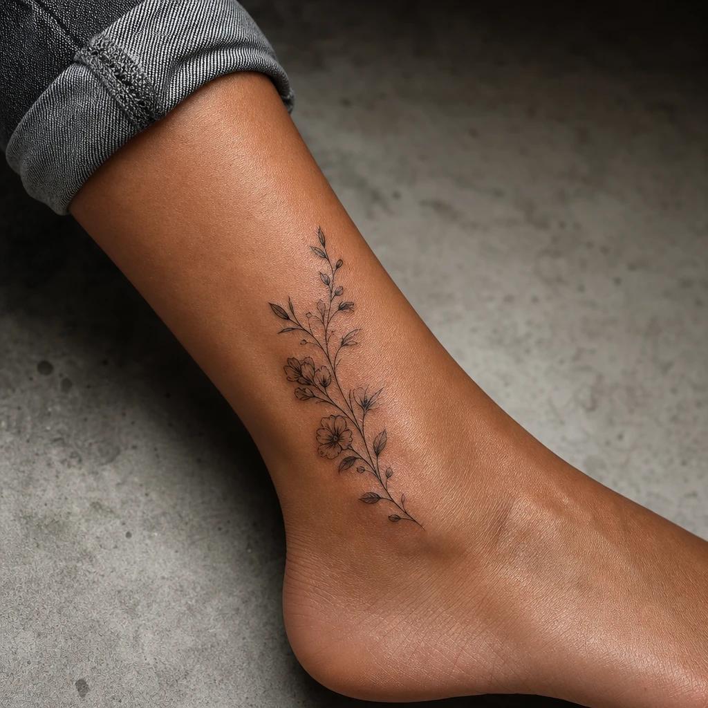 women's ankle tattoo fine flowering branch, realistic photo on skin