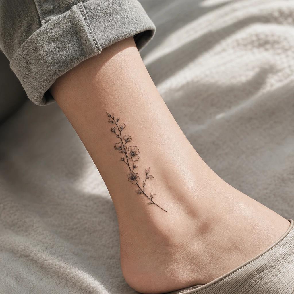 women's ankle tattoo fine flowering branch, realistic photo on skin