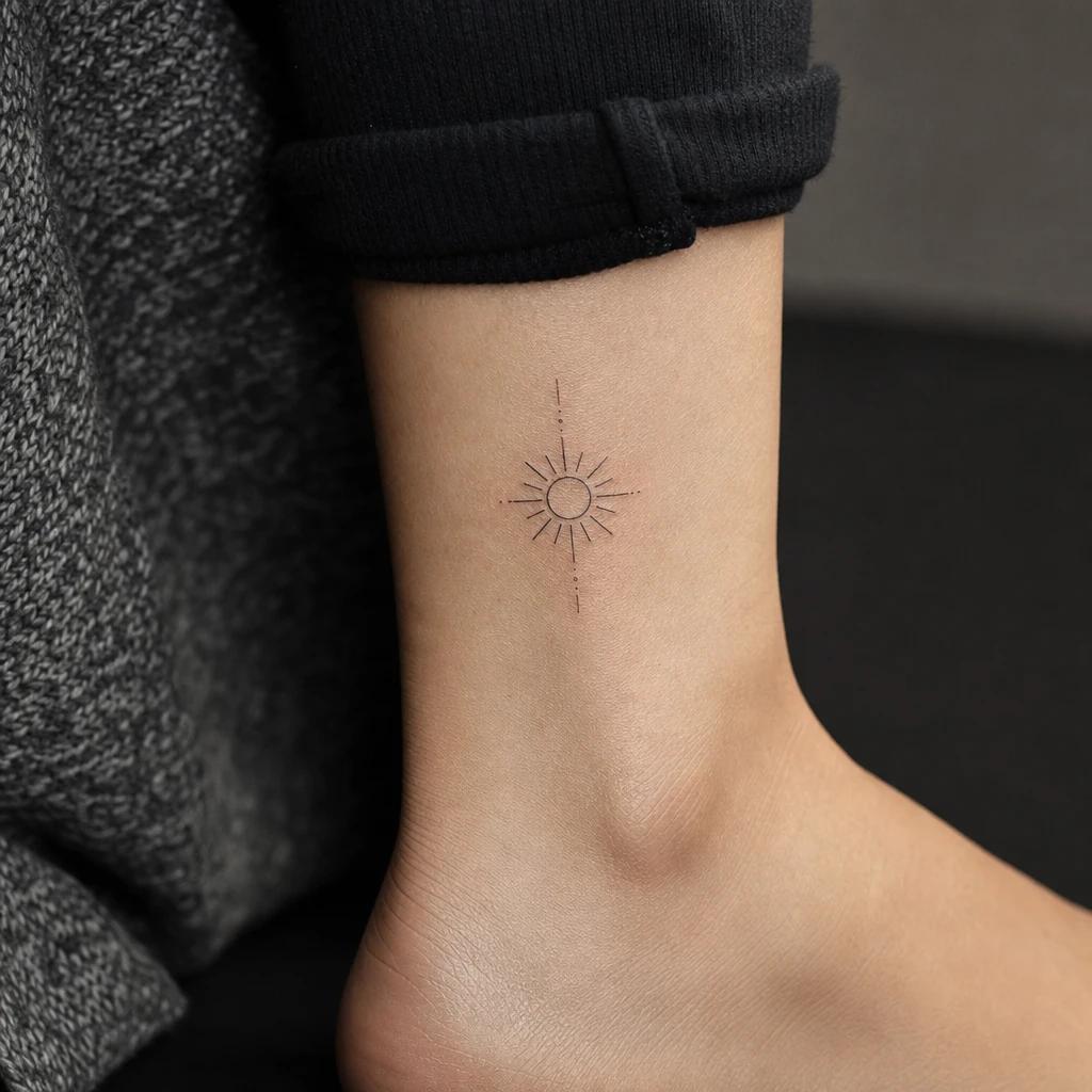 women's ankle tattoo minimalist sun, realistic photo on skin