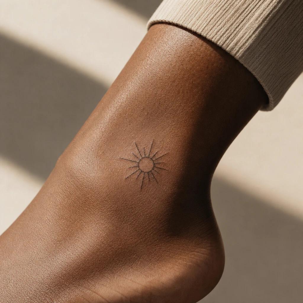 women's ankle tattoo minimalist sun, realistic photo on skin