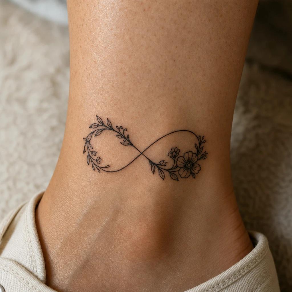 women's ankle tattoo flowered infinity symbol, realistic photo on skin