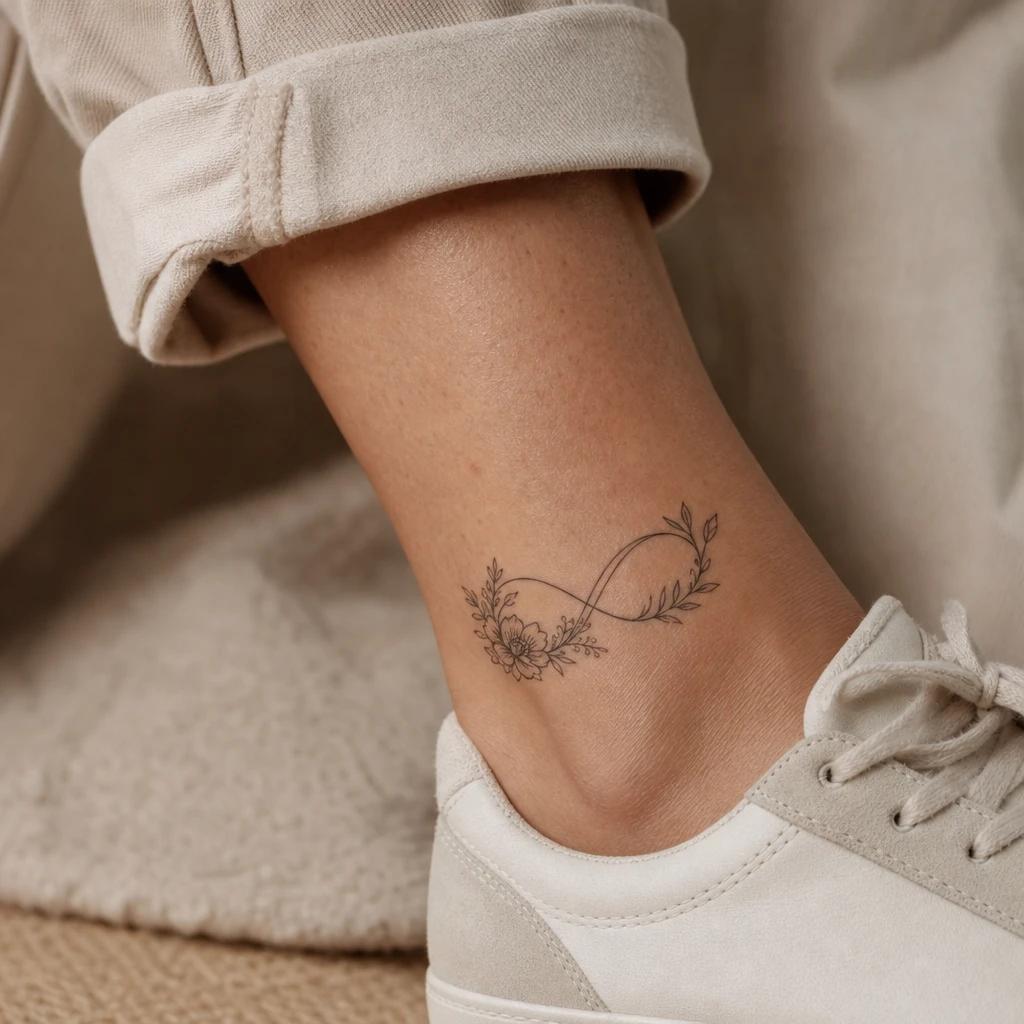 women's ankle tattoo flowered infinity symbol, realistic photo on skin