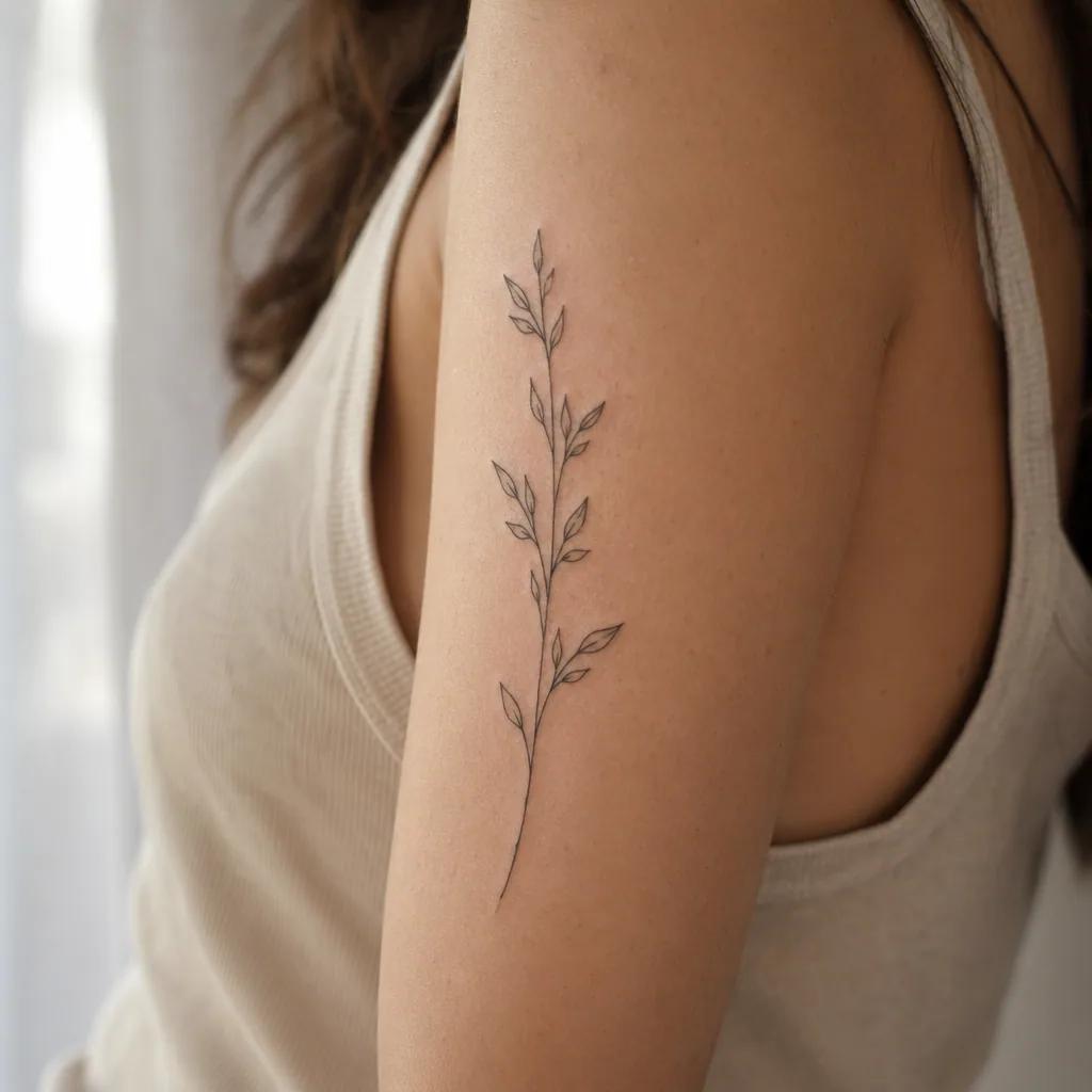 women's arm tattoo vertical minimalist branch, realistic photo on skin