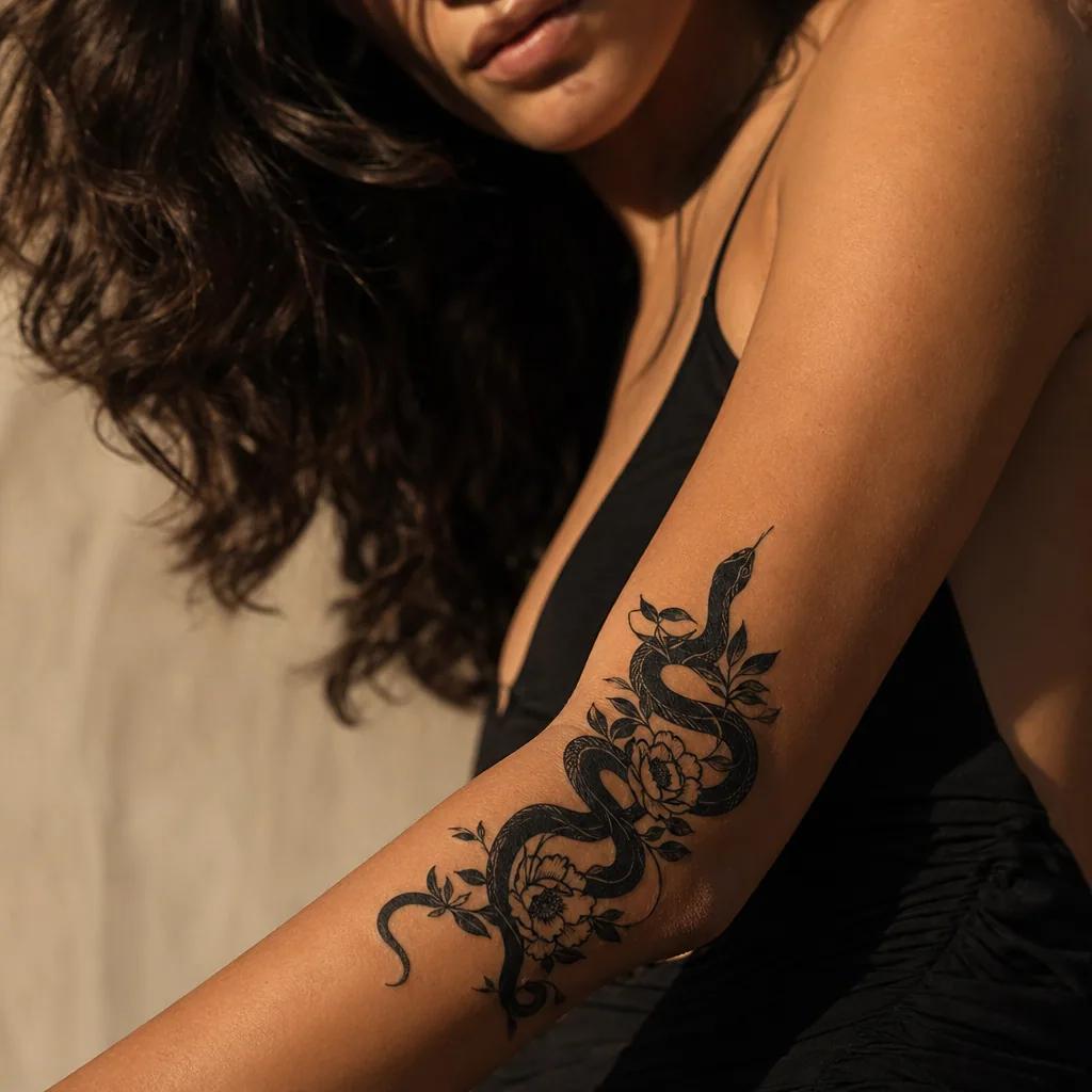 women's arm tattoo blackwork floral snake, realistic photo on skin