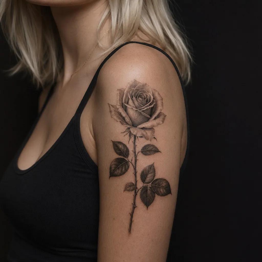 women's arm tattoo vertical realistic rose, realistic photo on skin