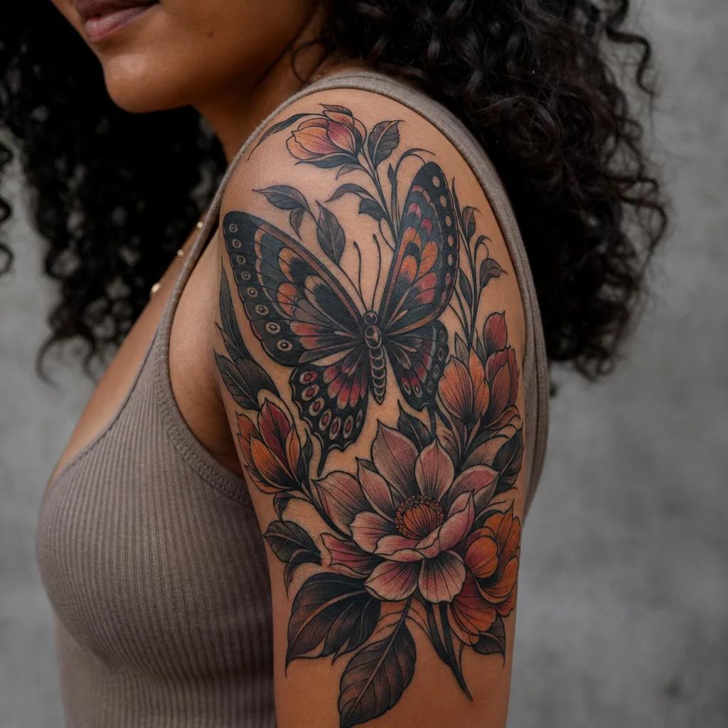 women's arm tattoo neo-traditional butterfly sleeve, realistic photo on skin
