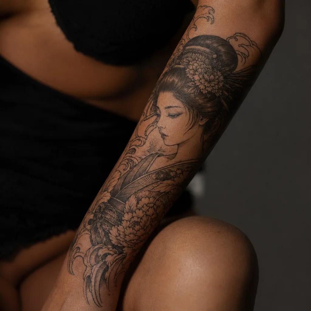 women's arm tattoo japanese geisha sleeve, realistic photo on skin
