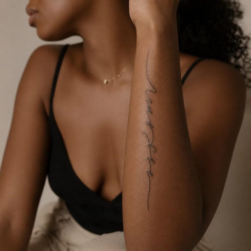 women's arm tattoo vertical handwritten lettering, realistic photo on skin